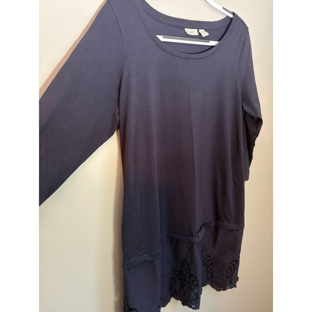 LOGO Lagenlook Navy Blue Dress Embroidered Lace Trim Bottom 3/4 sleeve Boho 1X